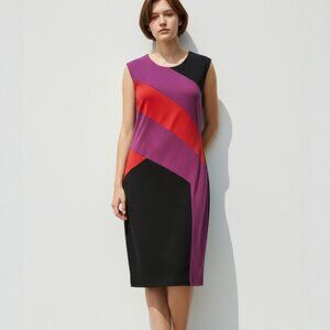 BCBGMaxAzria Colorblock Shift Dress Pink Purple Red Black Sleeveless Midi Sz L